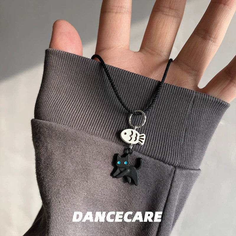 Black Cat & Fish Bone Necklace — Braided Rope Chain