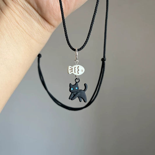 Black Cat & Fish Bone Necklace — Braided Rope Chain