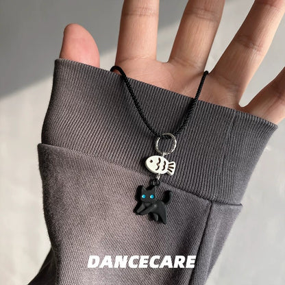 Black Cat & Fish Bone Necklace — Braided Rope Chain