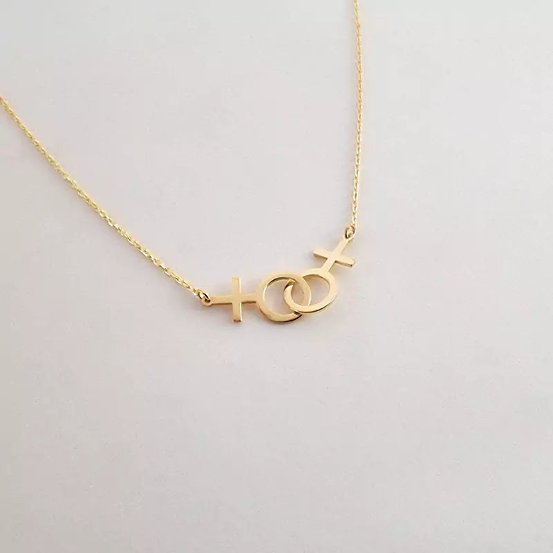 Double Venus Symbol Statement Lesbian Necklace Gold